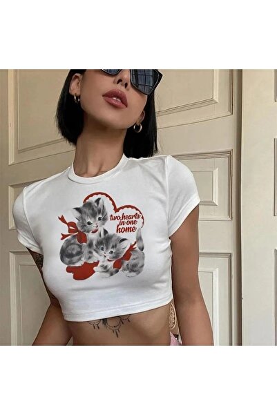 Le Savu Top crop alb Cute Cat cu imprimeu Sevunera