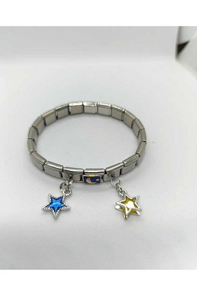 HKN AVM ACCESSORİES Unisex Italian Charm Steel Bracelet - Yellow Navy Blue, 3 Stars and 3 Charm Gift