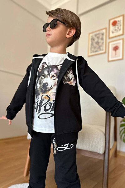 Riccotarz Σετ φόρμας και μπουφάν με κουκούλα για αγόρι με στάμπα Black Wolf