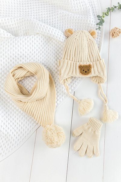 Babymod Set de mănuși eșarfă beanie cu ursuleț de pluș pentru băiat de 1-4 ani