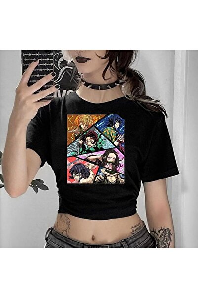 Le Savu Colaj Anime Demon Slayer cu imprimeu Crop de culoare neagră