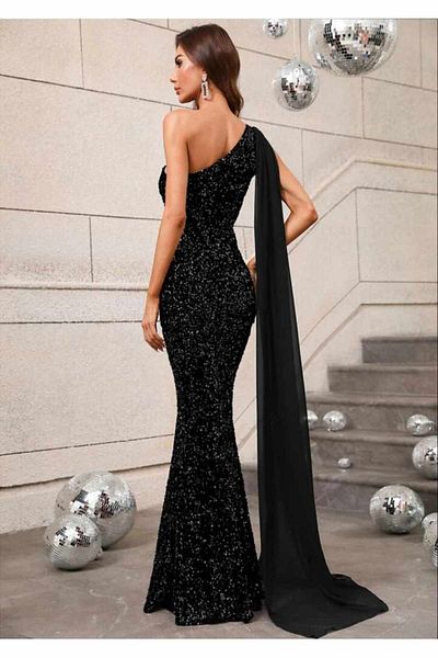 SELİN MODA EVİ One Shoulder Chiffon Cloak Velvet Dress
