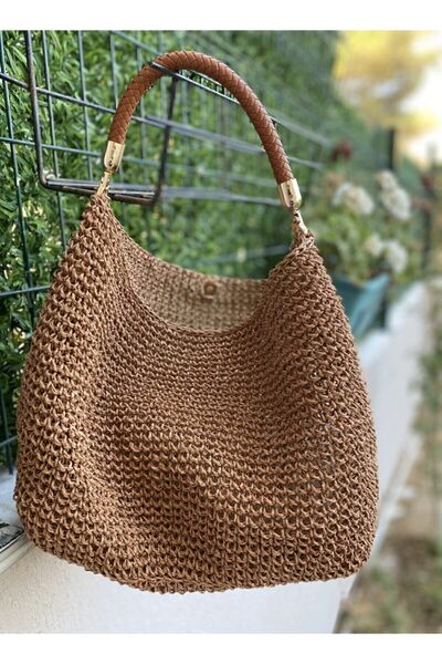 Handmade by Ozens Tarçın Bowl Bag Deri Örgü Saplı Kadın Hasır Içten Astarlı K...