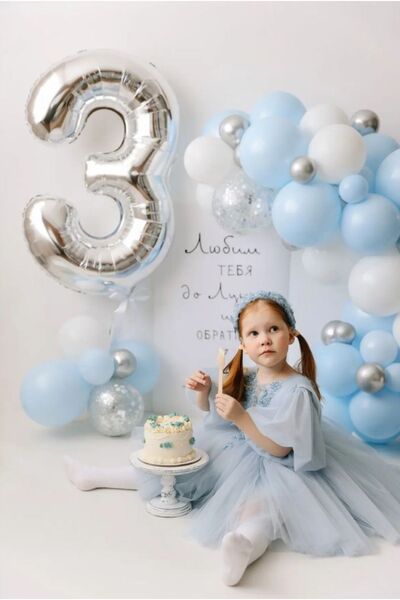 Çemrek Süs Parti 3 Years Old Blue White Silver Chrome Balloon Chain Set of 81