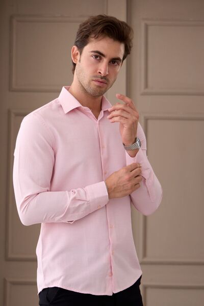 RAVANELLI Erkek Pembe Uzun Kol Slim Fit Dar Kesim Klasik Yaka Desenli Pamuklu Gömlek