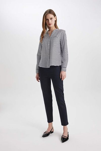 DeFacto Sigaret Normal Waist Straight Leg Satin Trousers Navy Blue