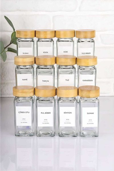 MEHAY HOME 12-Piece Bamboo Luxury Spice Jar Set with Lid and Spreader Head - with Turkish Label