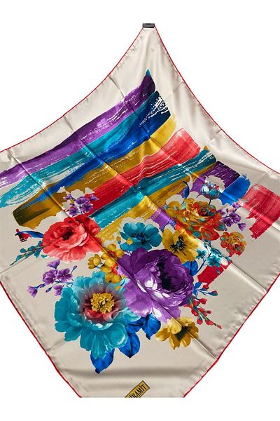 PİRAMİT 90cm X 90cm Pyramid Digital Printed Floral Pattern Light Beige Scarf - Es-11
