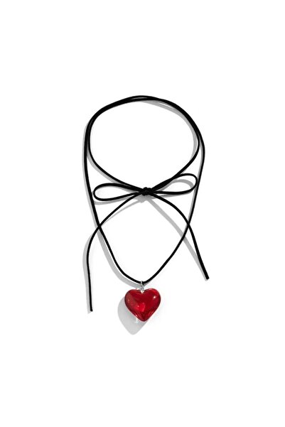 MutluBiDünya Vintage Kırmızı Kalp Süet İpli Choker Kolye