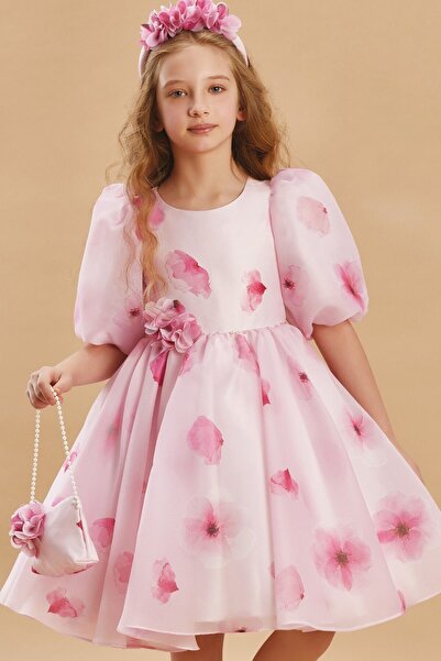 SIRRI Çiçek Desenli Balon Kol Organze Elbise  3 Parça Set Taç ve Çanta