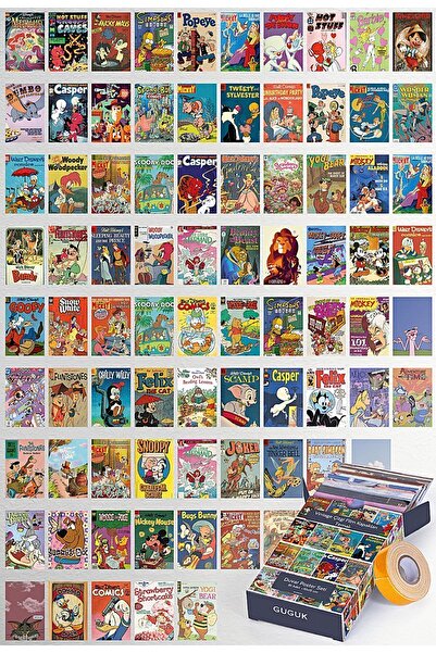 GUGUK Vintage Çizgi Film Kapakları Temalı 81 Adet Duvar Poster Seti, Özel Tasarım Kutulu (GGK-K065)