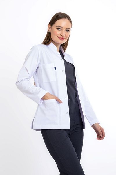 Uçak Medikal Jachetă albă lungime, mânecă lungă, guler judecător, haină doctor