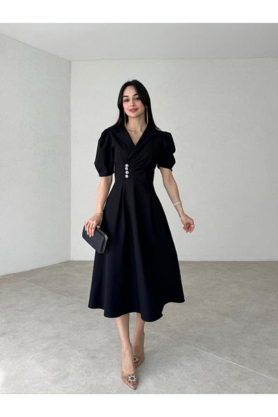 LİBAS Black Midi Dress - Button Detail