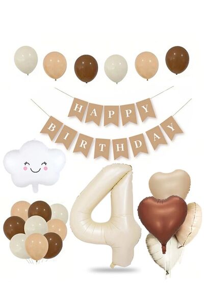 Öz-bal 4 Yaş Tüm Yaşlar Retro Krem Doğum Günü Seti: Rakam Folyo, Banner, Kalp...
