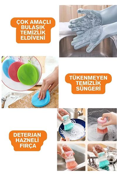 Keyfi Sepet Cleaning Set Kitchen Bathroom Toilet 3-Piece Hygiene Cleaning Practical Set Dish Glove Brush Sponge