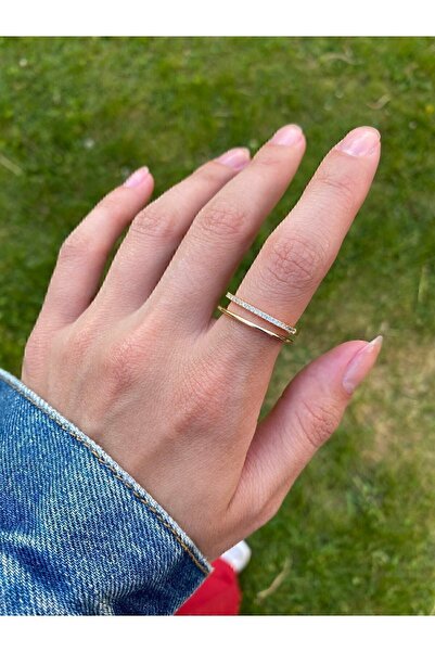 ringbox Gold Taşlı Iki Sıra Kare Yüzük