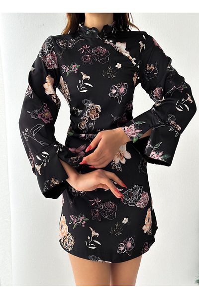 edzmoda Turtleneck Patterned Women's Dress - Button Detailed Trend