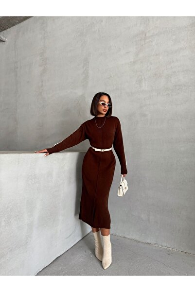 Lusin Καφέ Χρώμα Ριγέ Λεπτομερές Μίντι Πλεκτό Γυναικείο Φόρεμα - Μακρυμάνικο