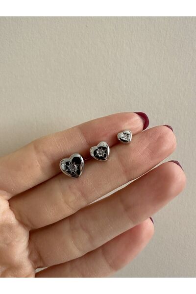 ringbox Gümüş Renk 3'lü Büyükten Küçüğe Kalp Küpe