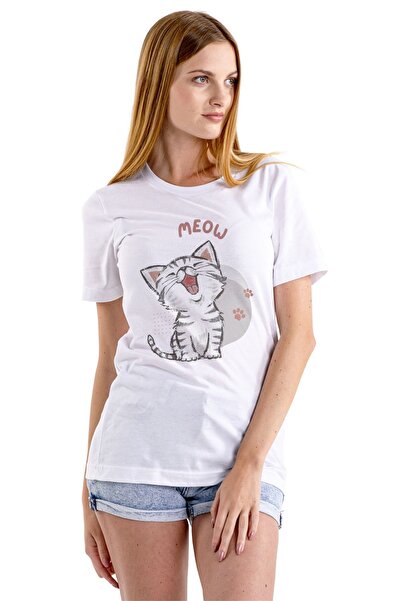 Butik Μπλουζάκι με χαριτωμένο γάτα με στάμπα Meov Meow Tshirt Λευκό Unisex