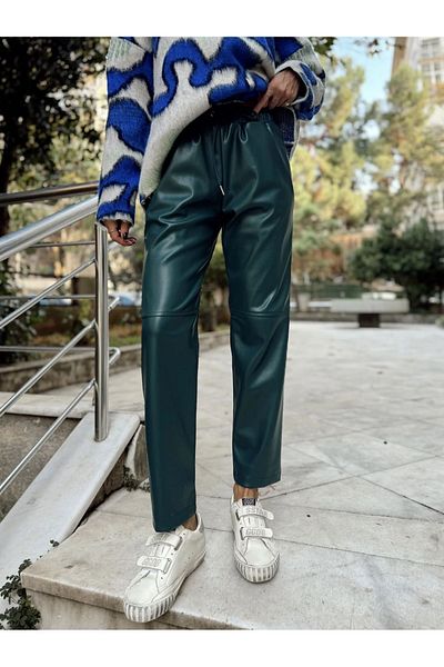 LOS FECHKA Petrol Blue Lace-Up Leather Trousers