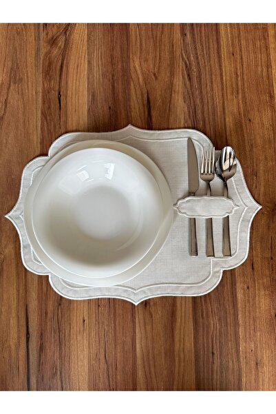 NURHAN HOME COLLECTION 6 Adet Çift Sıra Ekru Nakışlı Kaşıklıklı Amerikan Servis Supla