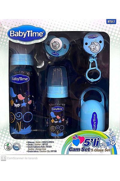 Babytime Blue Newborn 5-Piece Glass Baby Bottle and Pacifier Set