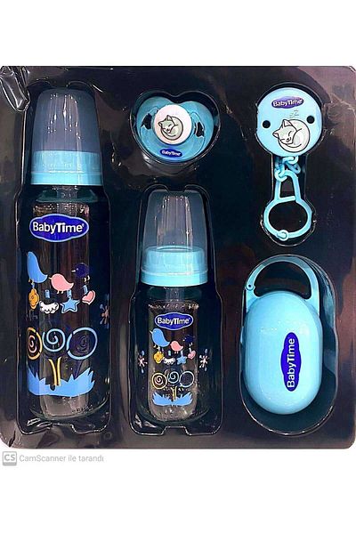 Babytime Blue Newborn 5-Piece Glass Baby Bottle and Pacifier Set