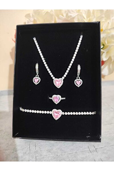 HKN AVM ACCESSORİES Gerçek Çelik Kolye Kalpli Yüzük Bileklik Küpe Su Yolu Seti Sevgililer Günü Hediyesi