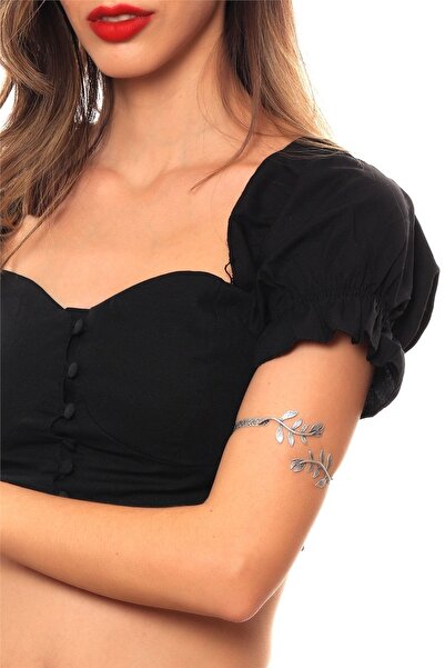 LABALABA Kadın Antik Gümüş Kaplama Açık Band Ayarlanabilir Zeytin Yaprağı Formlu Bileklik & Kol Aksesuarı