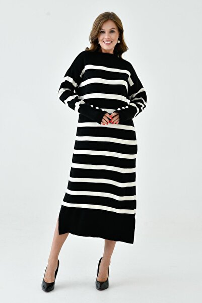 bayansepeti Μαύρο ριγέ φόρεμα από πλεκτό μίντι - Στρογγυλή λαιμόκοψη, λεπτομέ...