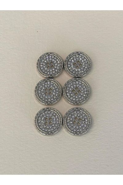 ODDA TASARIM ATÖLYESİ 24 Size Silver Colored Crystal Stone Detailed 4 Hole Sewn Button Set