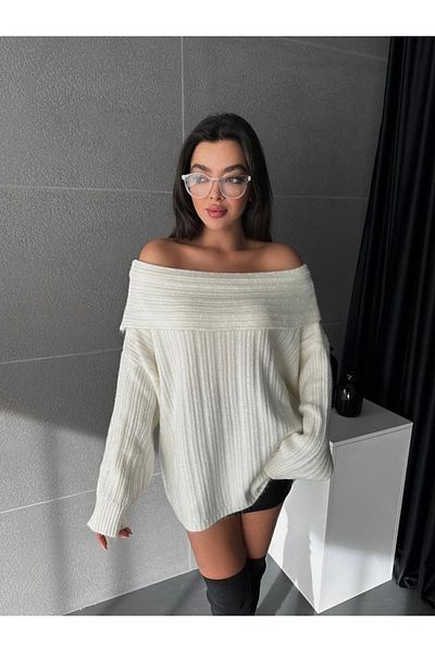 PİKAX Pulover oversize pentru tricotaje de damă cu umeri deschiși crem
