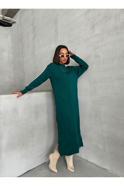 Lusin Nefti Green Midi Knitwear Dress - Stripe Detailed, Long Sleeve