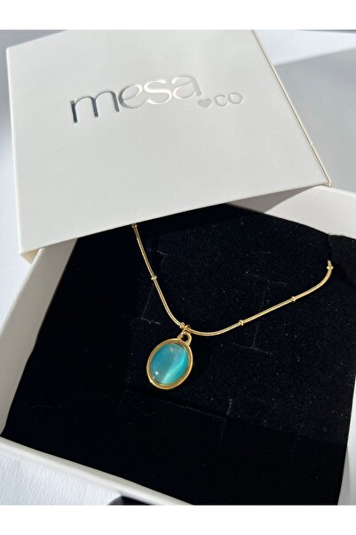mesaco Oval Aqua Taşlı Çelik Kolye