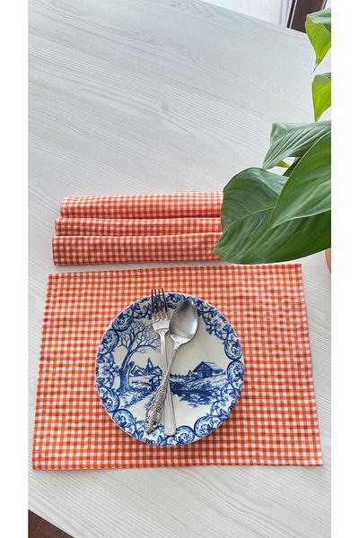 White Alamode Gingham Orange Placemat Set