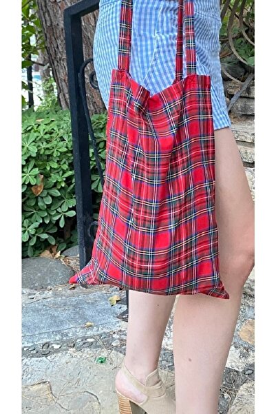 White Alamode Ekose Iskoç Desenli Bez Omuz Çantası