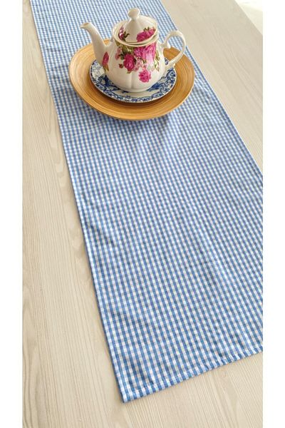 White Alamode Gingham Blue Runner 40x140εκ