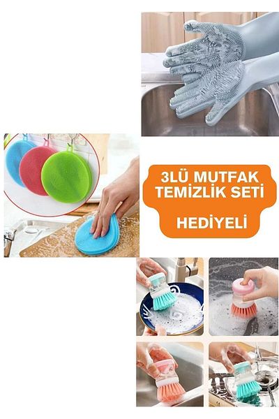 Keyfi Sepet Cleaning Set Kitchen Bathroom Toilet 3-Piece Hygiene Cleaning Practical Set Dish Glove Brush Sponge