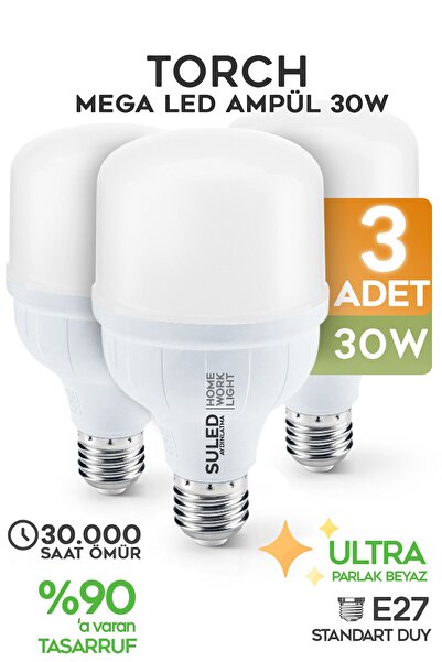 SULED 30w Torch Büyük Ampül 3 Adet Mega Led Işık Tasarruflu Ultra Parlak 6500k Beyaz Işık Büyük Ampül E27