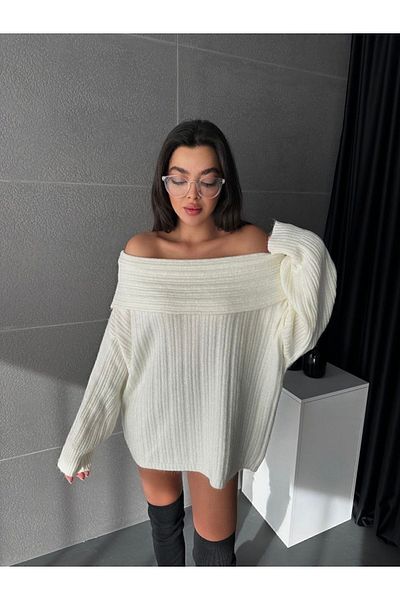 PİKAX Pulover oversize pentru tricotaje de damă cu umeri deschiși crem
