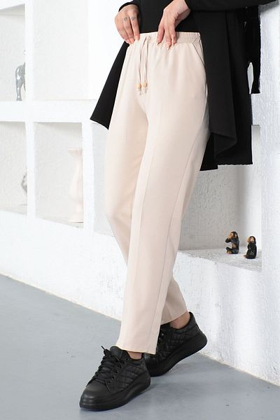 İmajButik Beige Elastic Waist Ankle Length Trousers