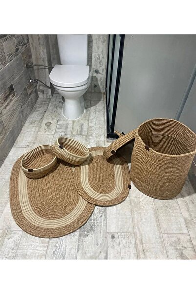 JÜTEX HOME مجموعة من 6 قطع من سجاد الحمام المصنوع من الجوت والقش، طقم حمام عل...