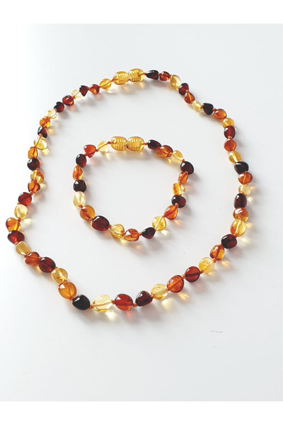 Kehribar Sarayı مجموعة أساور وقلادة للأطفال بلون طبيعي لامع من العنبر