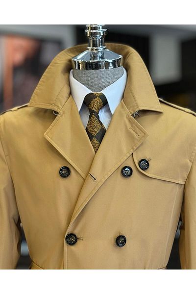 TerziAdemAltun Italian Style Slim Fit Seasonal Men's Trench Coat Beige T4978
