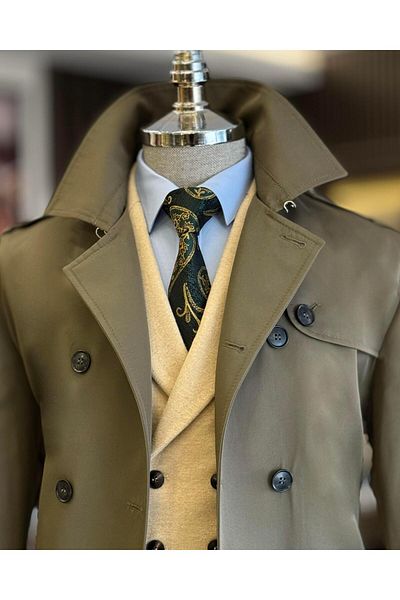 TerziAdemAltun Italian Style Slim Fit Seasonal Men's Trench Coat Green T4976
