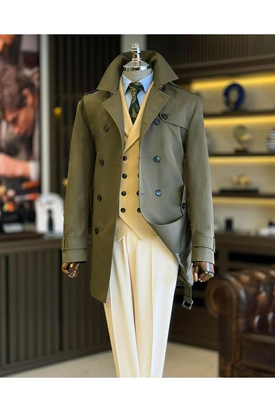TerziAdemAltun Italian Style Slim Fit Seasonal Men's Trench Coat Green T4976