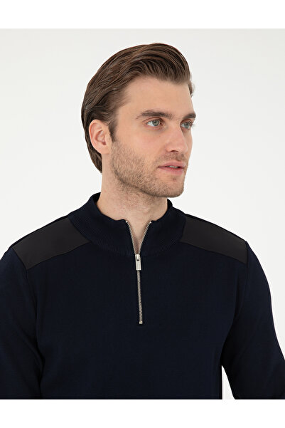 Pierre Cardin Lacivert Regular Fit Fermuarlı Dik Yaka Triko Kazak 50296417-VR033