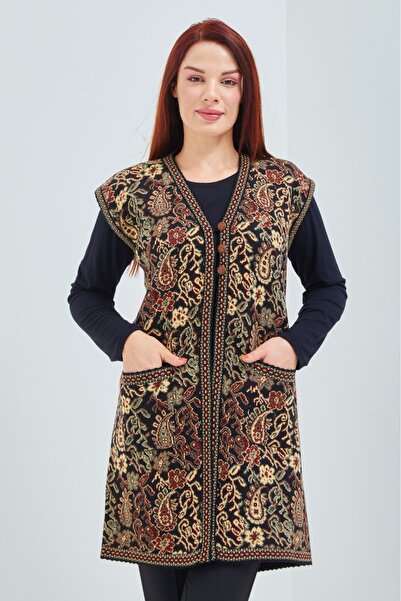 Elçelya Moda Kadın Siyah Cepli Anadolu Desenli ÜçAdet Düğmeli Uzun Yelek