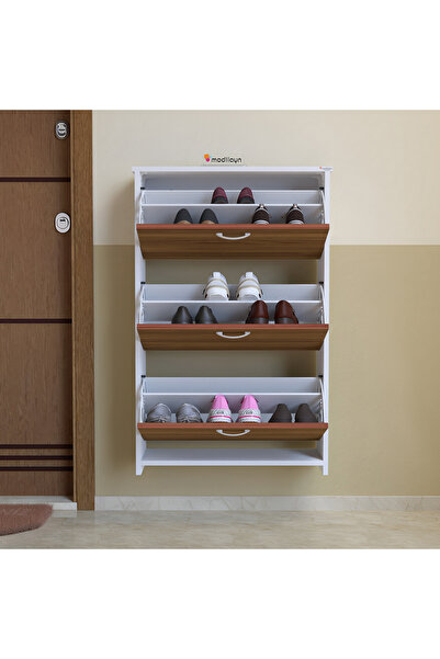 Modilayn MİHRA 72 X 112 X 25,5 cm Düşer Kapaklı 3 Katlı Ayakkabılık -Ceviz